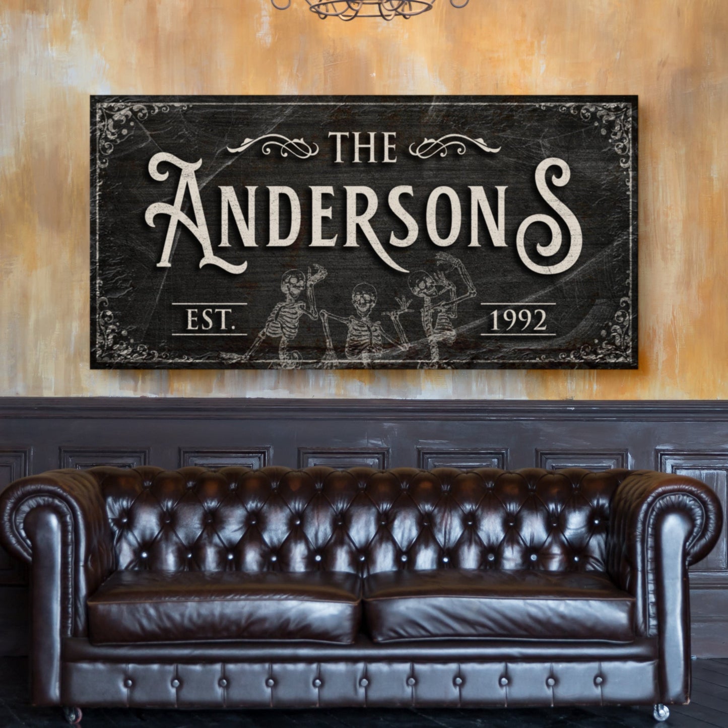 Tailored Canvases Gothic Family Sign IV canvas with white typography and skeletons on black board on Tampa Home & Garden Store