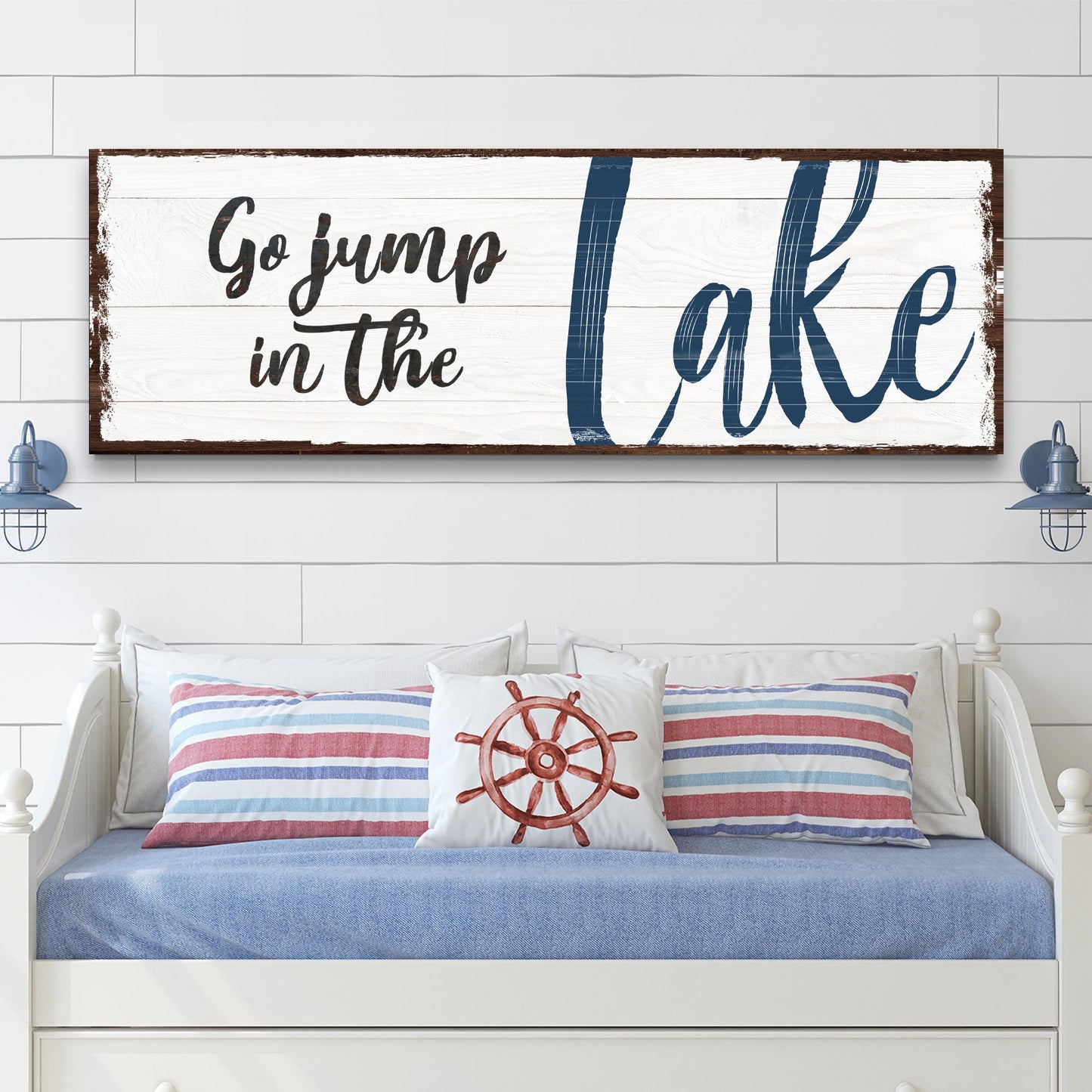Go Jump In The Lake Sign II canvas wall art with white wood and blue script by Tailored Canvases on Tampa Home & Garden Store