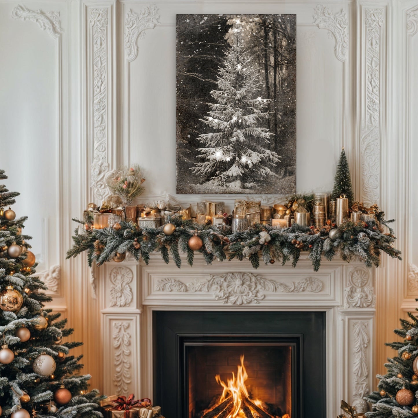 Vintage Christmas Tree Wall Art canvas by Tailored Canvases, sepia-toned forest scene crafting canvas on Tampa Home & Garden Store
