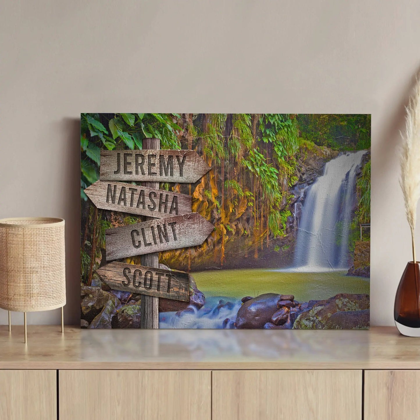 Waterfall Family Names Sign canvas with rustic wooden name boards JEREMY NATASHA SCOTT on Tampa Home & Garden Store