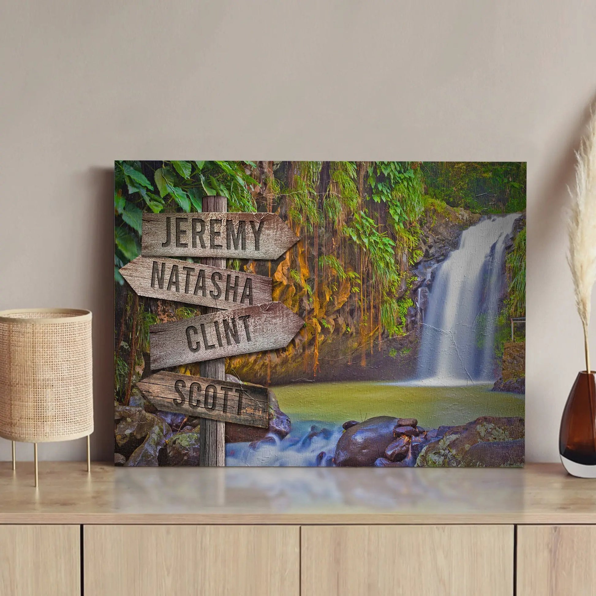 Waterfall Family Names Sign canvas with rustic wooden name boards JEREMY NATASHA SCOTT on Tampa Home & Garden Store