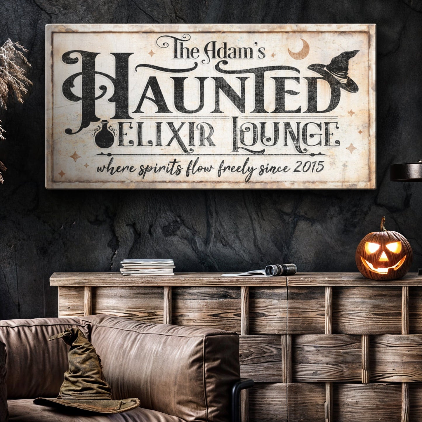 Canvas sign Haunted Elixir Lounge Halloween II by Tailored Canvases, beige distressed decor on Tampa Home & Garden Store