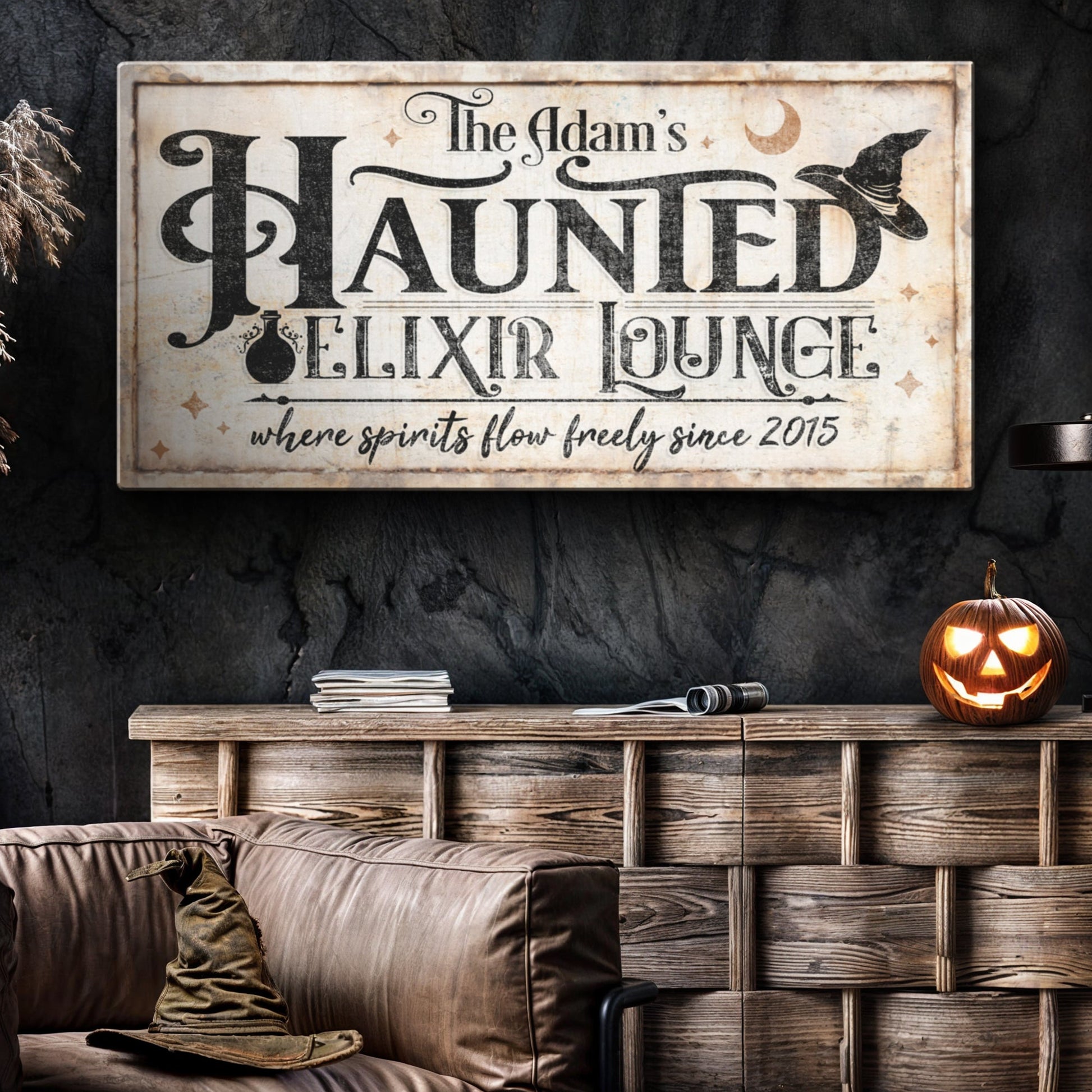 Canvas sign Haunted Elixir Lounge Halloween II by Tailored Canvases, beige distressed decor on Tampa Home & Garden Store