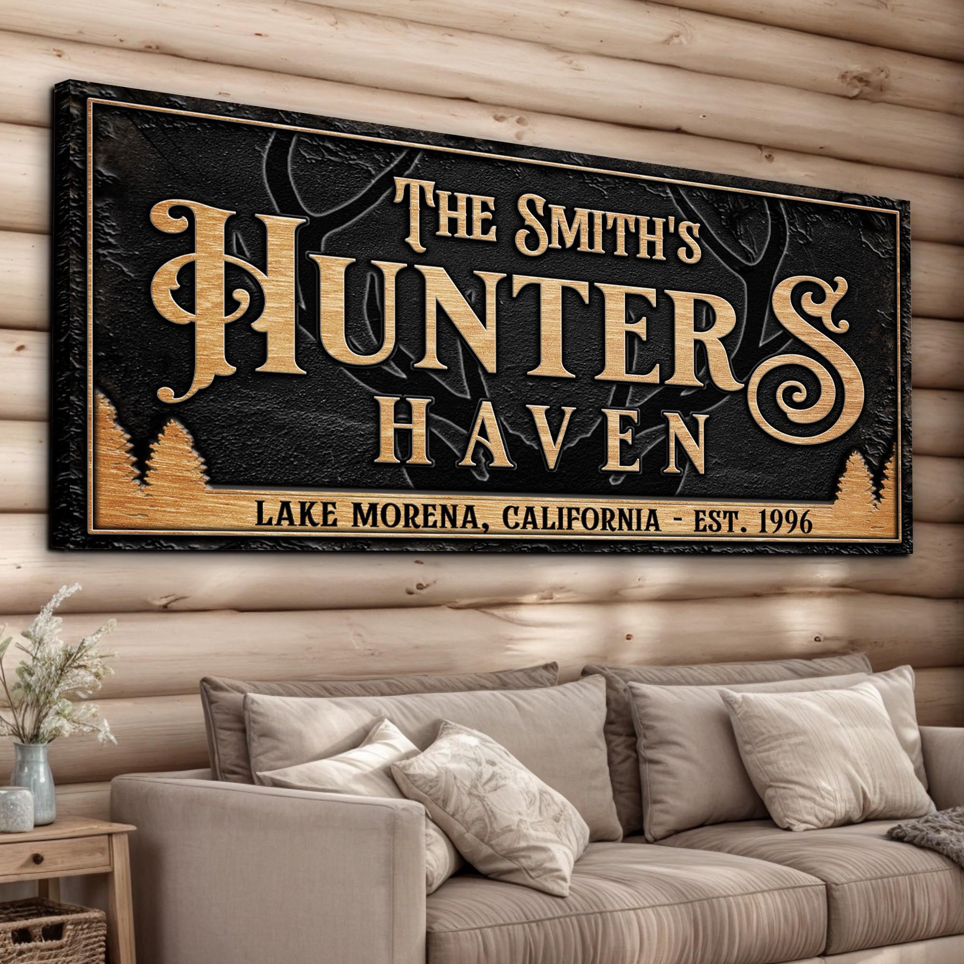 Personalized Hunters Haven family sign on black textured canvas with gold lettering on Tampa Home & Garden Store