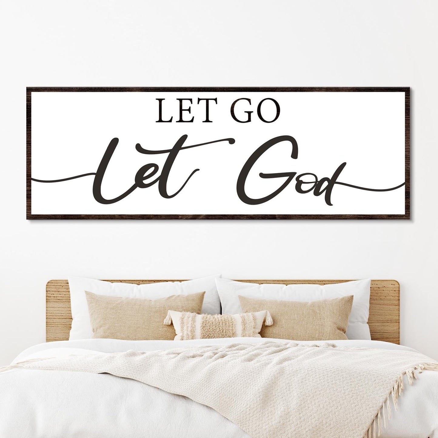 Let Go Let God Faith Sign III canvas by Tailored Canvases, white panel with dark wood frame on Tampa Home & Garden Store
