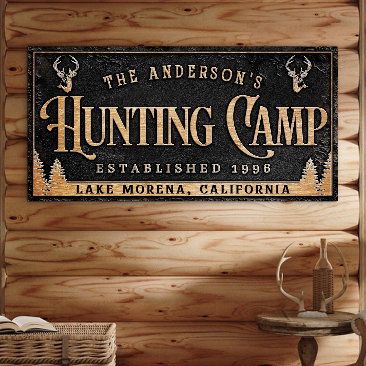 Tailored Canvases canvas hunting camp sign with gold lettering and deer heads on black on Tampa Home & Garden Store
