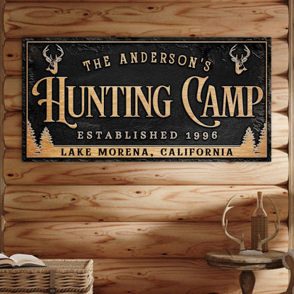Tailored Canvases canvas hunting camp sign with gold lettering and deer heads on black on Tampa Home & Garden Store