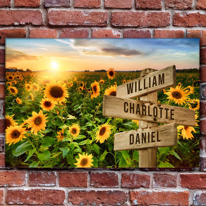 Sunflower field Canvas with wooden name sign displaying William, Charlotte, Daniel on Tampa Home & Garden Store