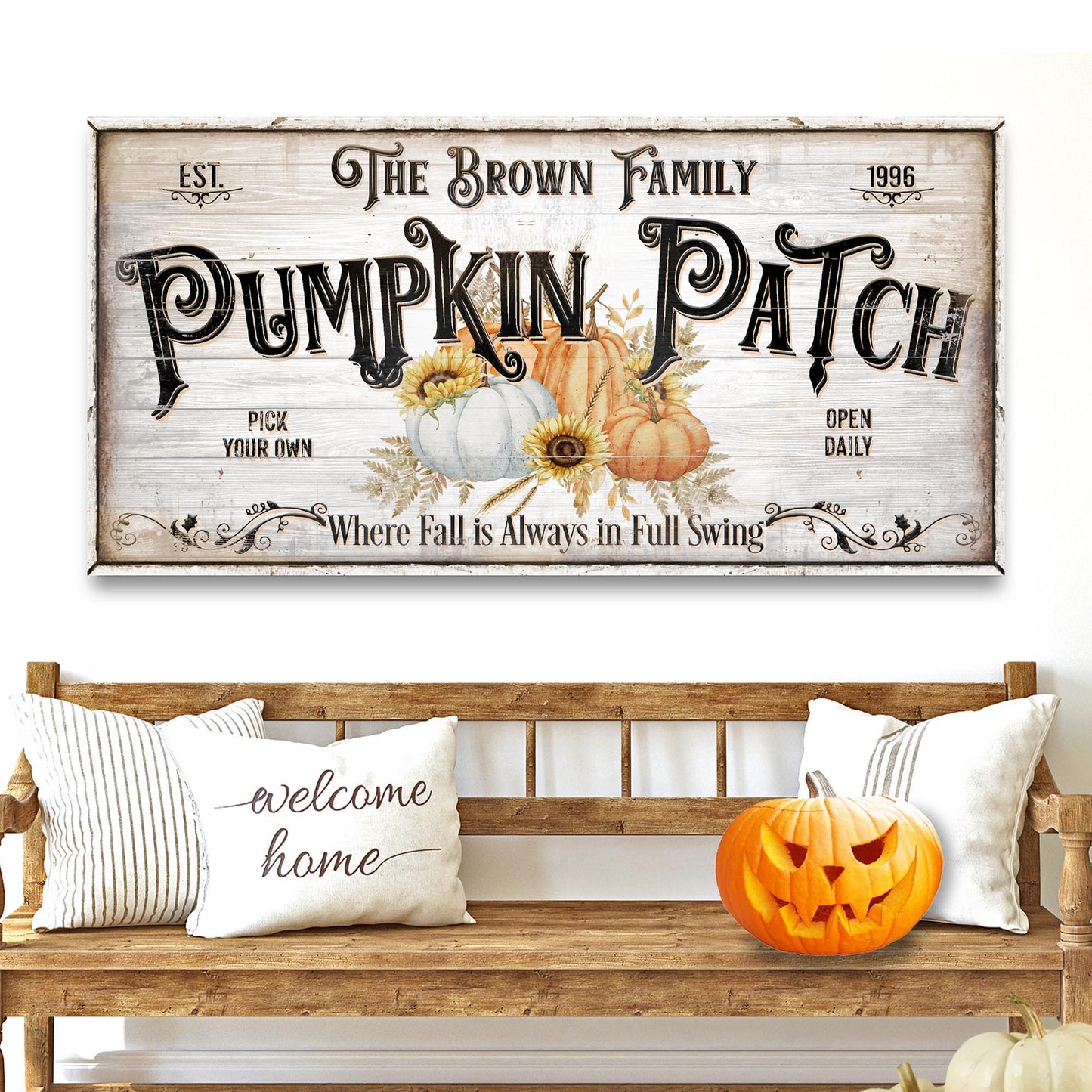 Personalized Pumpkin Patch Sign canvas by Tailored Canvases with rustic wood panel pumpkins on Tampa Home & Garden Store