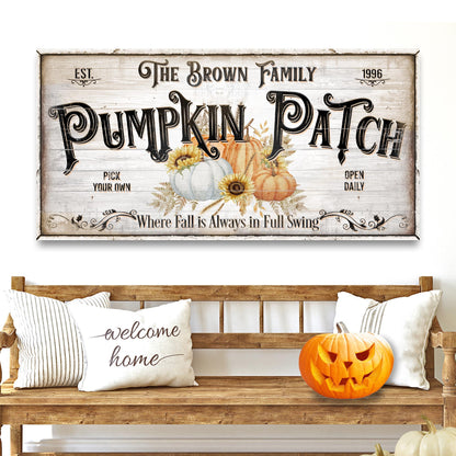 Personalized Pumpkin Patch Sign canvas by Tailored Canvases with rustic wood panel pumpkins on Tampa Home & Garden Store