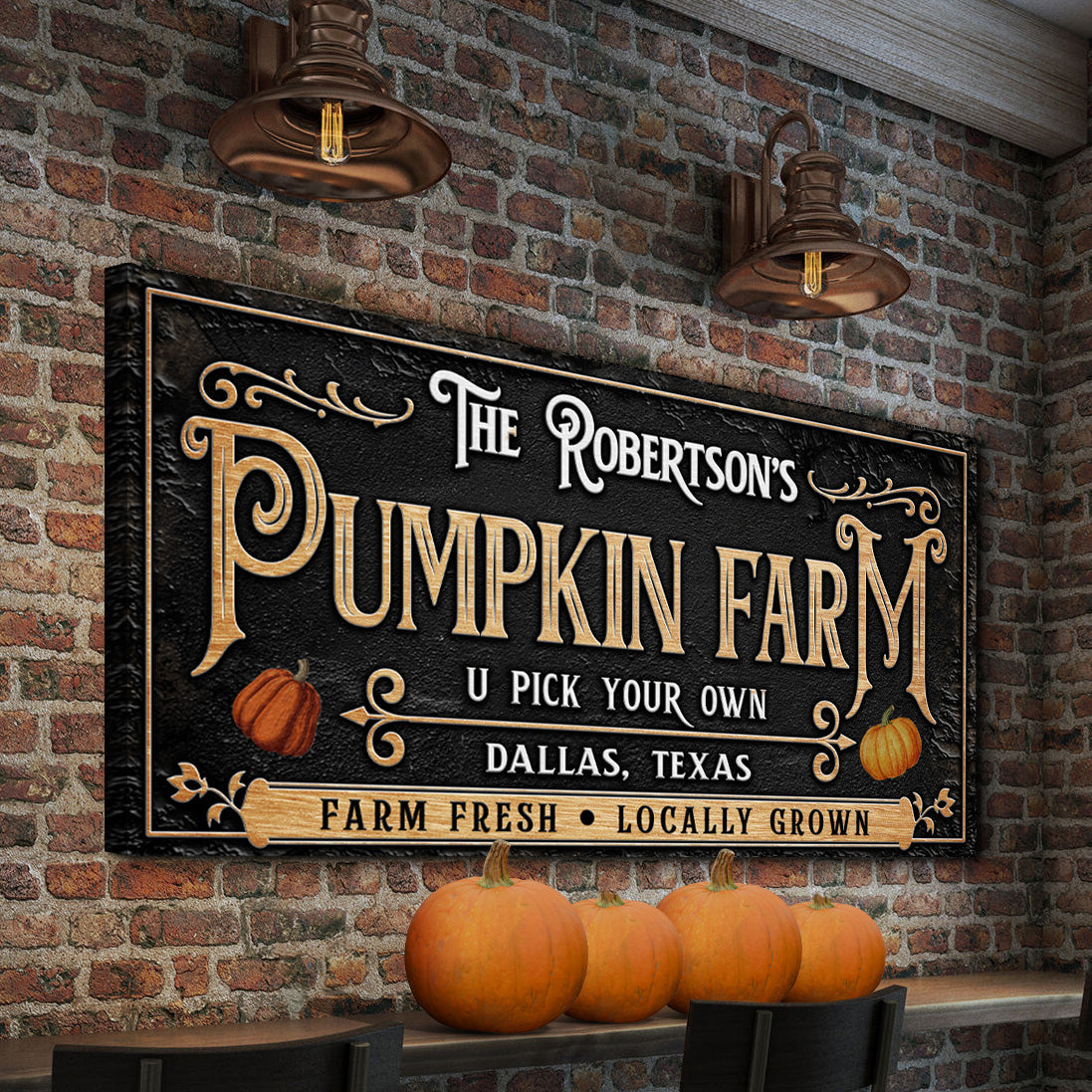 Personalized pumpkin farm sign canvas in black and gold with pumpkins, four on a wood counter on Tampa Home & Garden Store