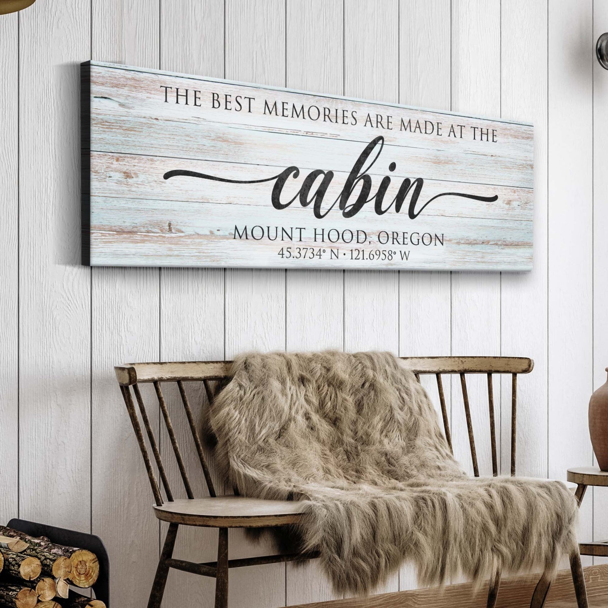 Canvas sign Best Memories Are Made At The Cabin II, rustic whitewashed wood panel with bold cabin script on Tampa Home & Garden Store