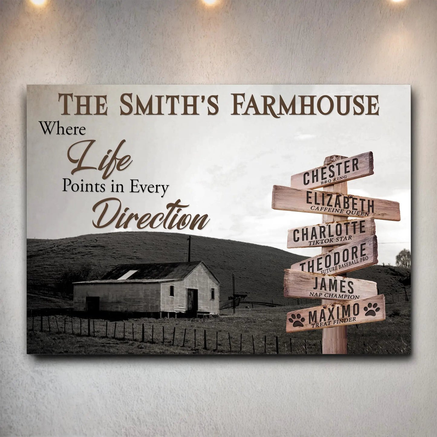 Canvas sign The Smith's Farmhouse with brown serif text and wooden name signs on Tampa Home & Garden Store