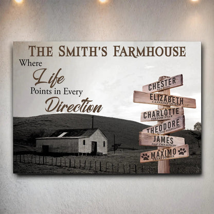 Canvas sign The Smith's Farmhouse with brown serif text and wooden name signs on Tampa Home & Garden Store