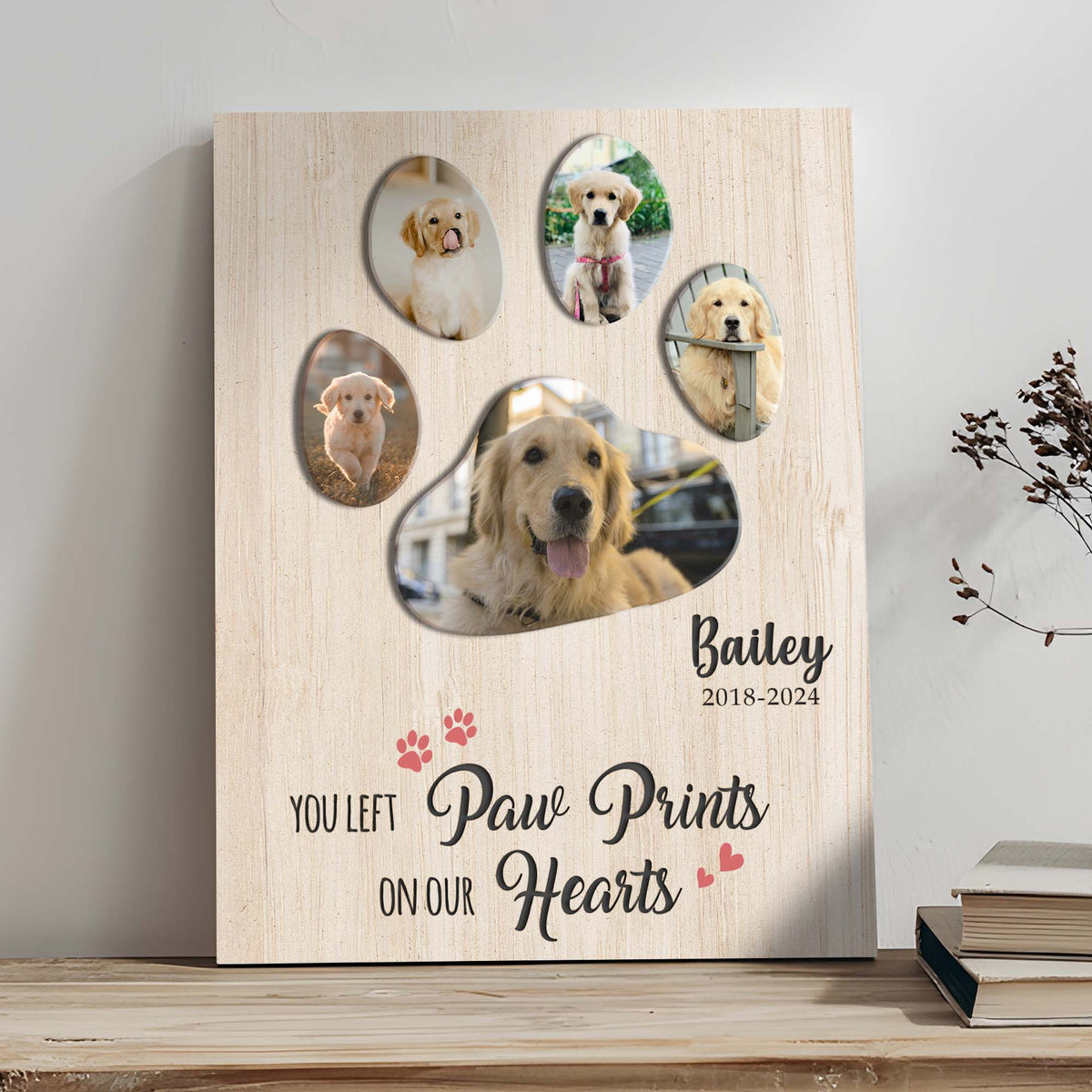 Pet memorial sign You Left Paw Prints On Our Hearts II with oval photo canvases on wood on Tampa Home & Garden Store