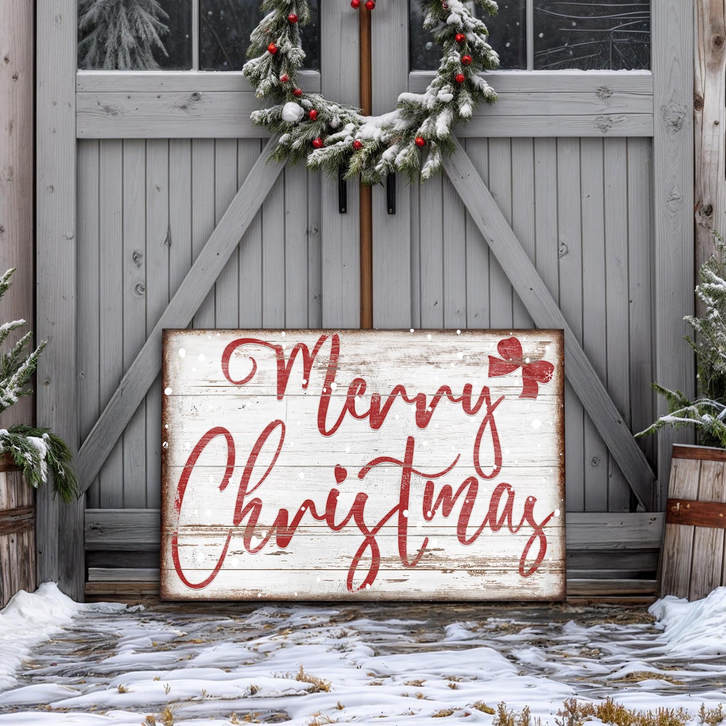 Merry Christmas Sign X canvas by Tailored Canvases with red script on whitewashed wood on Tampa Home & Garden Store
