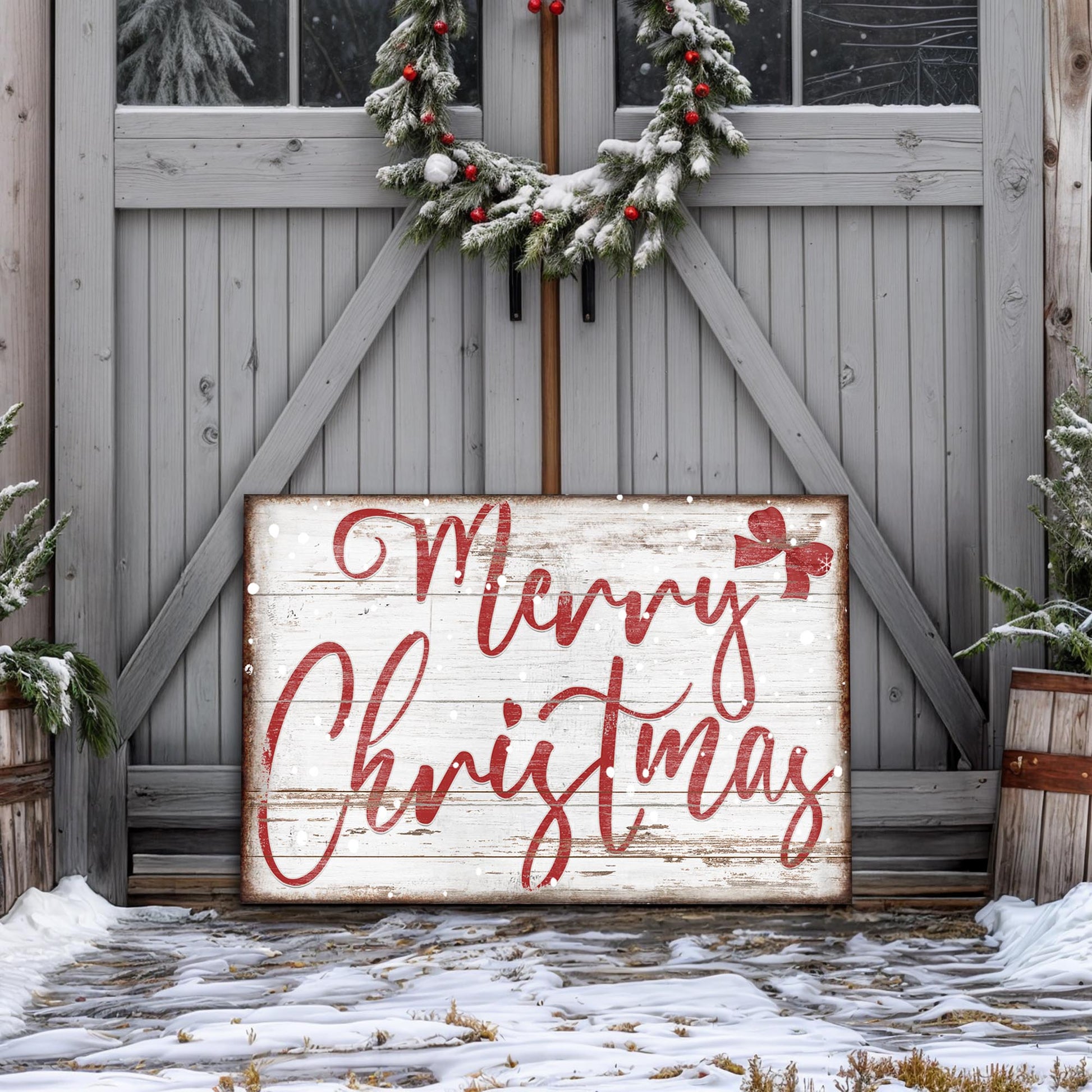 Merry Christmas Sign X canvas by Tailored Canvases with red script on whitewashed wood on Tampa Home & Garden Store