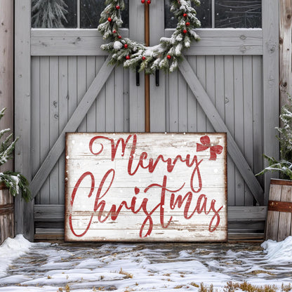 Merry Christmas Sign X canvas by Tailored Canvases with red script on whitewashed wood on Tampa Home & Garden Store