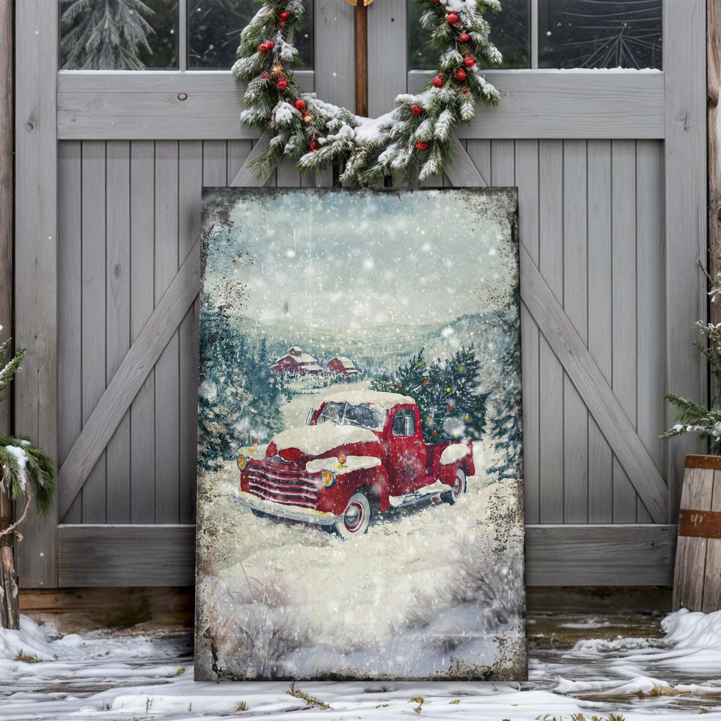 Vintage Truck With Christmas Tree Wall Art II canvas, red truck in snow on Tampa Home & Garden Store