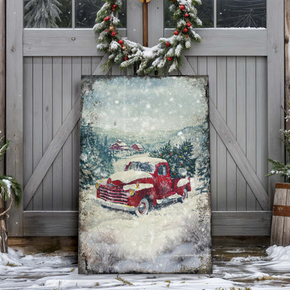 Vintage Truck With Christmas Tree Wall Art II canvas, red truck in snow on Tampa Home & Garden Store