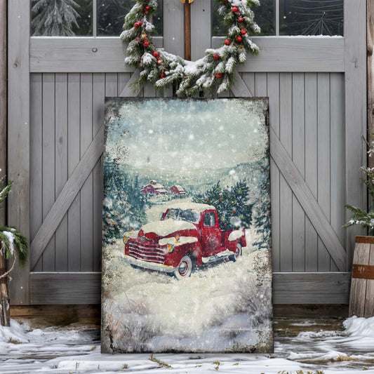 Vintage Truck With Christmas Tree Wall Art II canvas, red truck in snow on Tampa Home & Garden Store