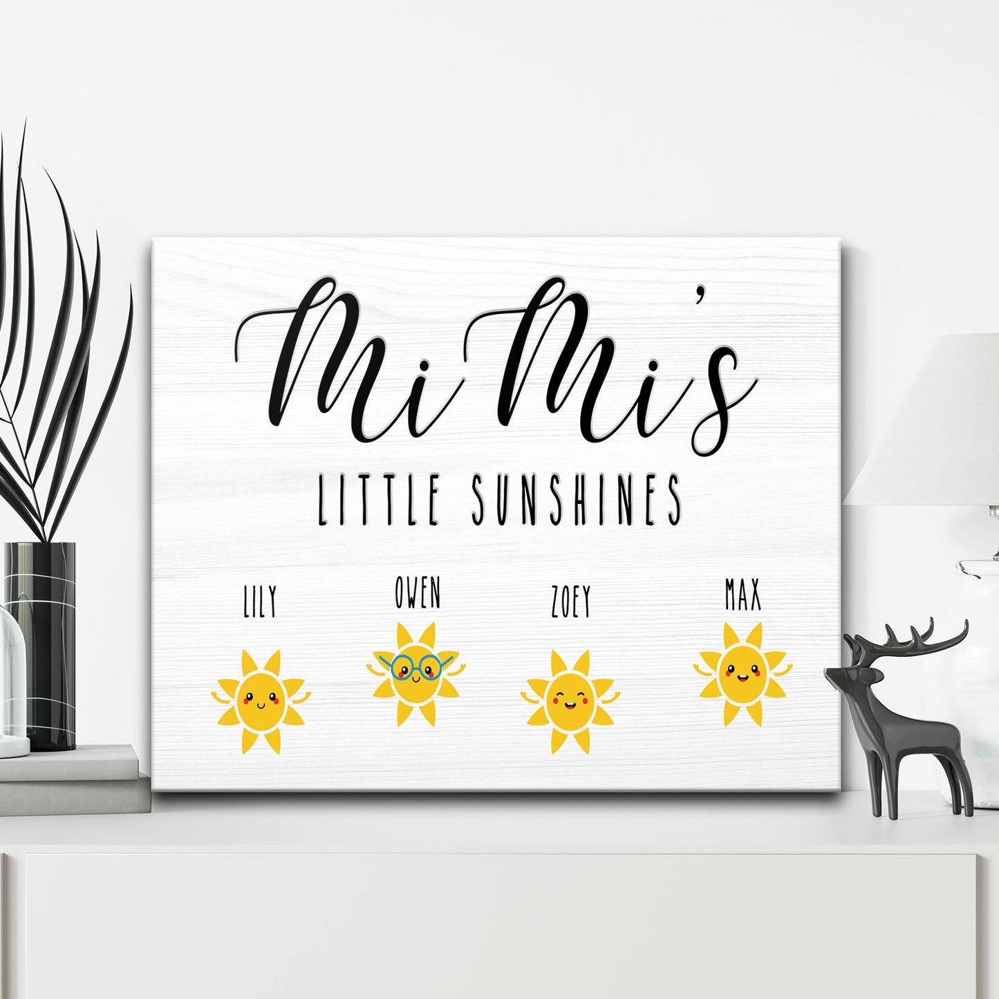 Tailored Canvases Mimi's Little Sunshines Sign canvas with white woodgrain and yellow sun icons on Tampa Home & Garden Store