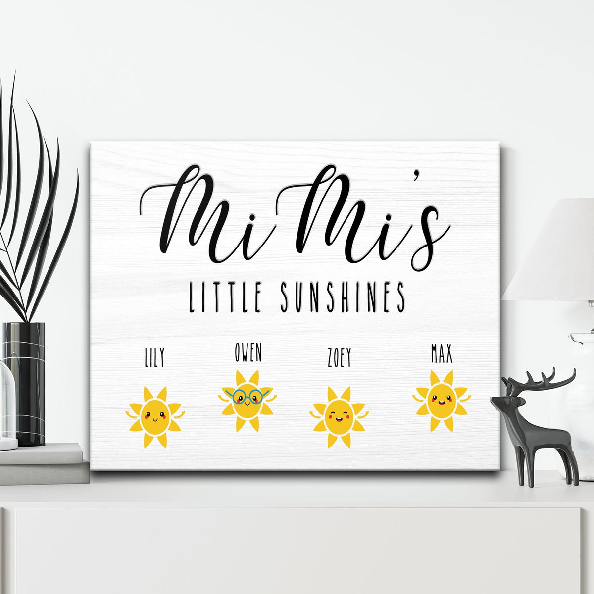 Tailored Canvases Mimi's Little Sunshines Sign canvas with white woodgrain and yellow sun icons on Tampa Home & Garden Store