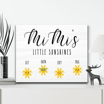 Tailored Canvases Mimi's Little Sunshines Sign canvas with white woodgrain and yellow sun icons on Tampa Home & Garden Store