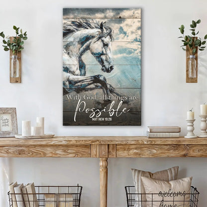 Canvas Faith Sign IV from Tailored Canvases with blue-toned horse and With God all things are possible on Tampa Home & Garden Store