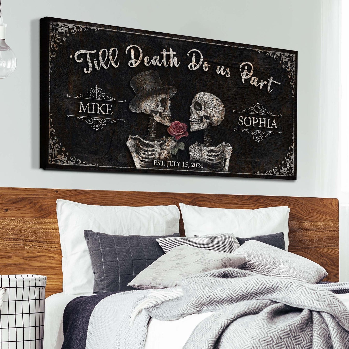Tailored Canvases Till Death Do Us Part skeleton couple sign III with two skulls and roses on Tampa Home & Garden Store
