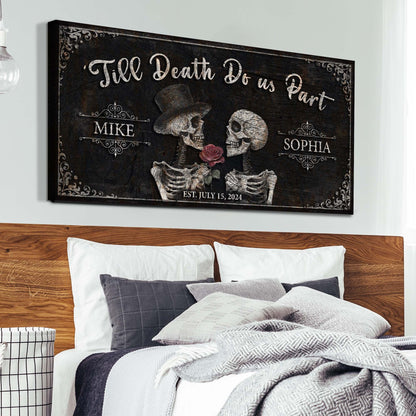 Tailored Canvases Till Death Do Us Part skeleton couple sign III with two skulls and roses on Tampa Home & Garden Store