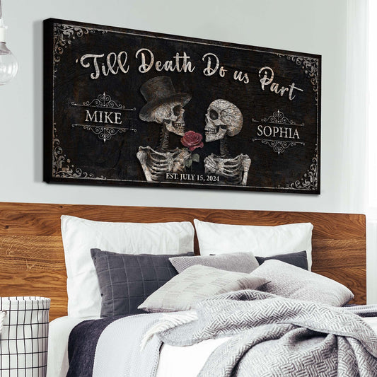 Tailored Canvases Till Death Do Us Part skeleton couple sign III with two skulls and roses on Tampa Home & Garden Store