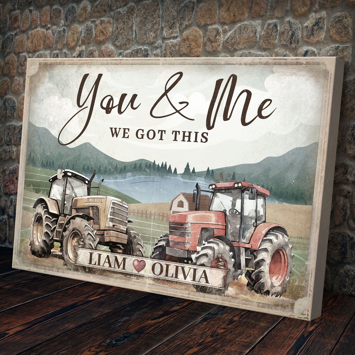 Tractor-themed couple sign canvas with You & Me script and LIAM OLIVIA names on Tampa Home & Garden Store