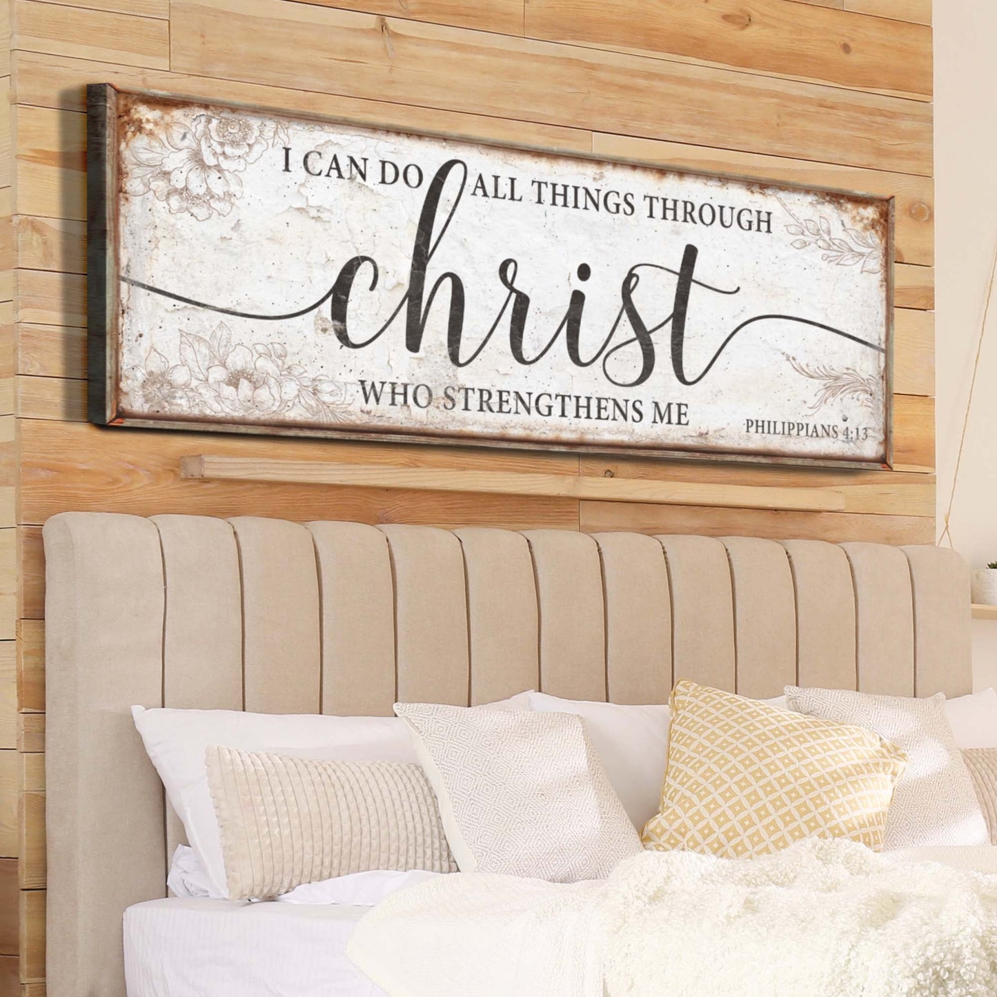 Faith sign canvas with floral accents I Can Do All Things Through Christ Who Strengthens Me on Tampa Home & Garden Store