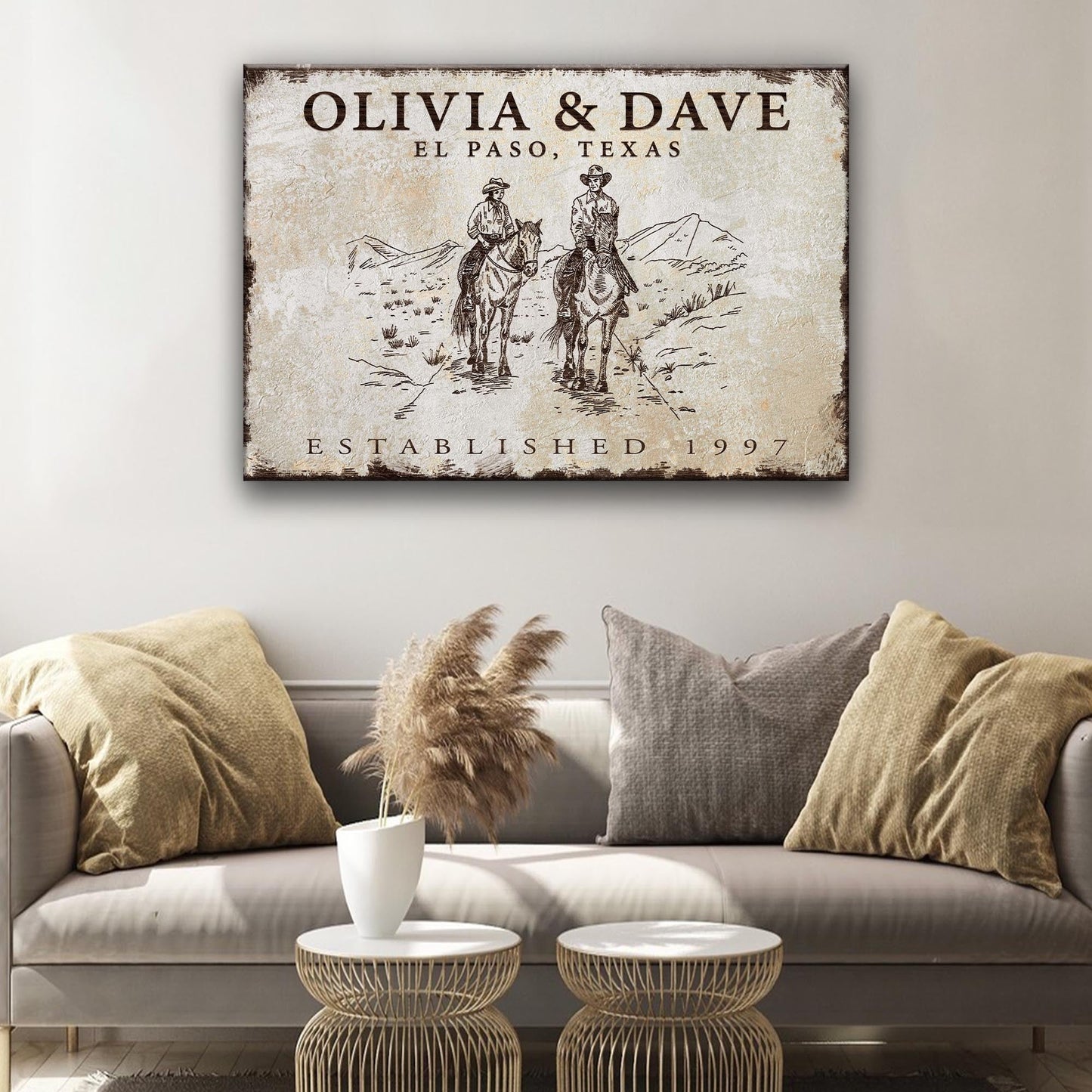 Cowboy Couple Sign canvas wall art two cowboys on horseback in western scene on Tampa Home & Garden Store