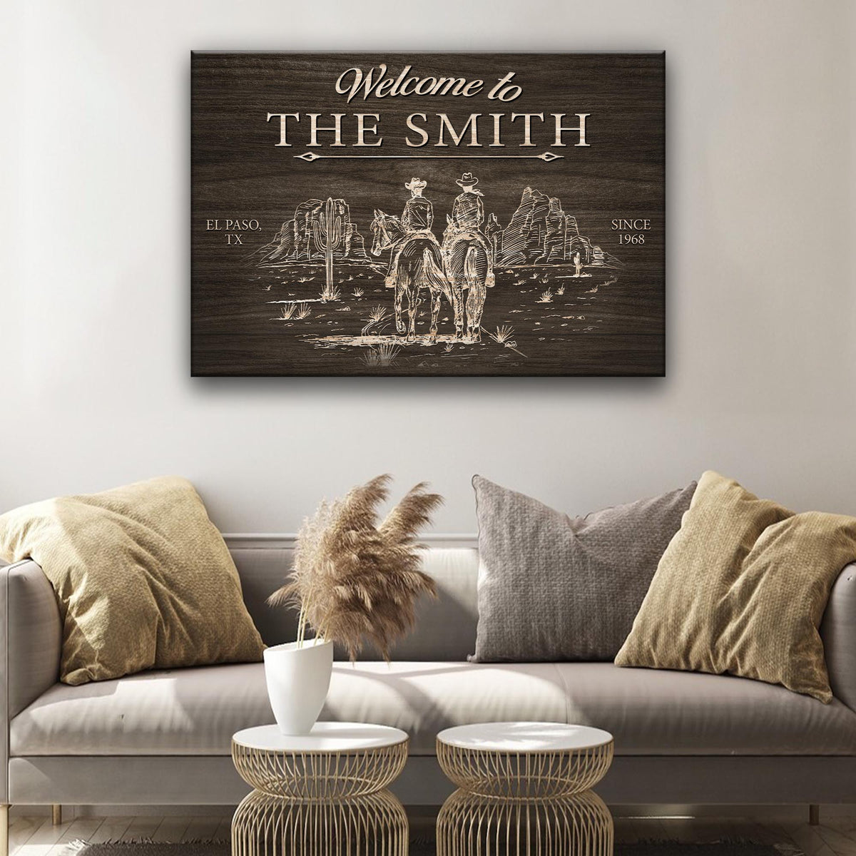 Cowboy Welcome Sign canvas by Tailored Canvases, dark wood panel with western riders on Tampa Home & Garden Store