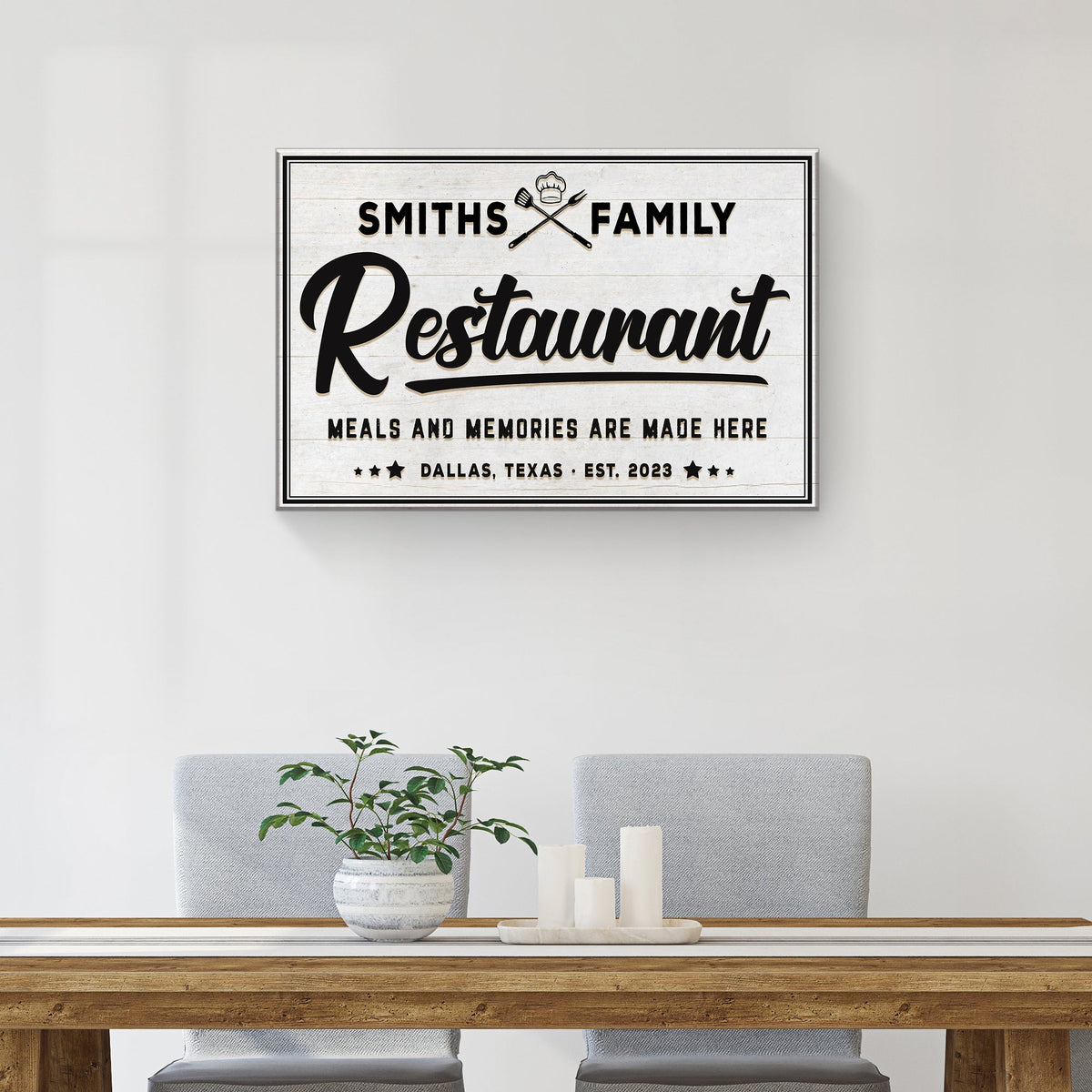 Restaurant Sign V canvas by Tailored Canvases, white wood panel with Smiths Family typography on Tampa Home & Garden Store