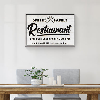 Restaurant Sign V canvas by Tailored Canvases, white wood panel with Smiths Family typography on Tampa Home & Garden Store