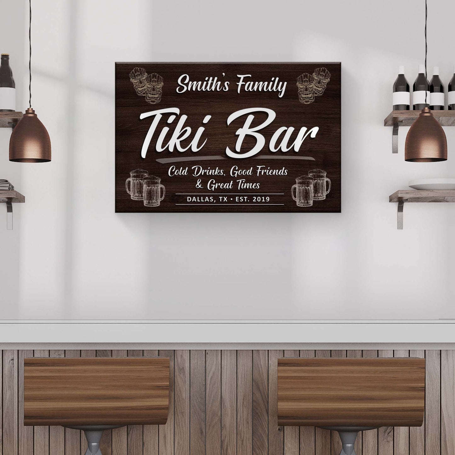 Tailored Canvases Tiki Bar Sign IV canvas on dark wood with Smith's Family and Tiki Bar script on Tampa Home & Garden Store