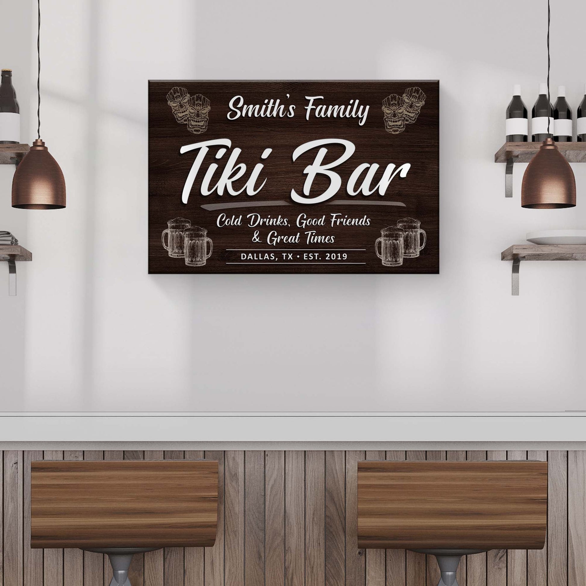 Tailored Canvases Tiki Bar Sign IV canvas on dark wood with Smith's Family and Tiki Bar script on Tampa Home & Garden Store