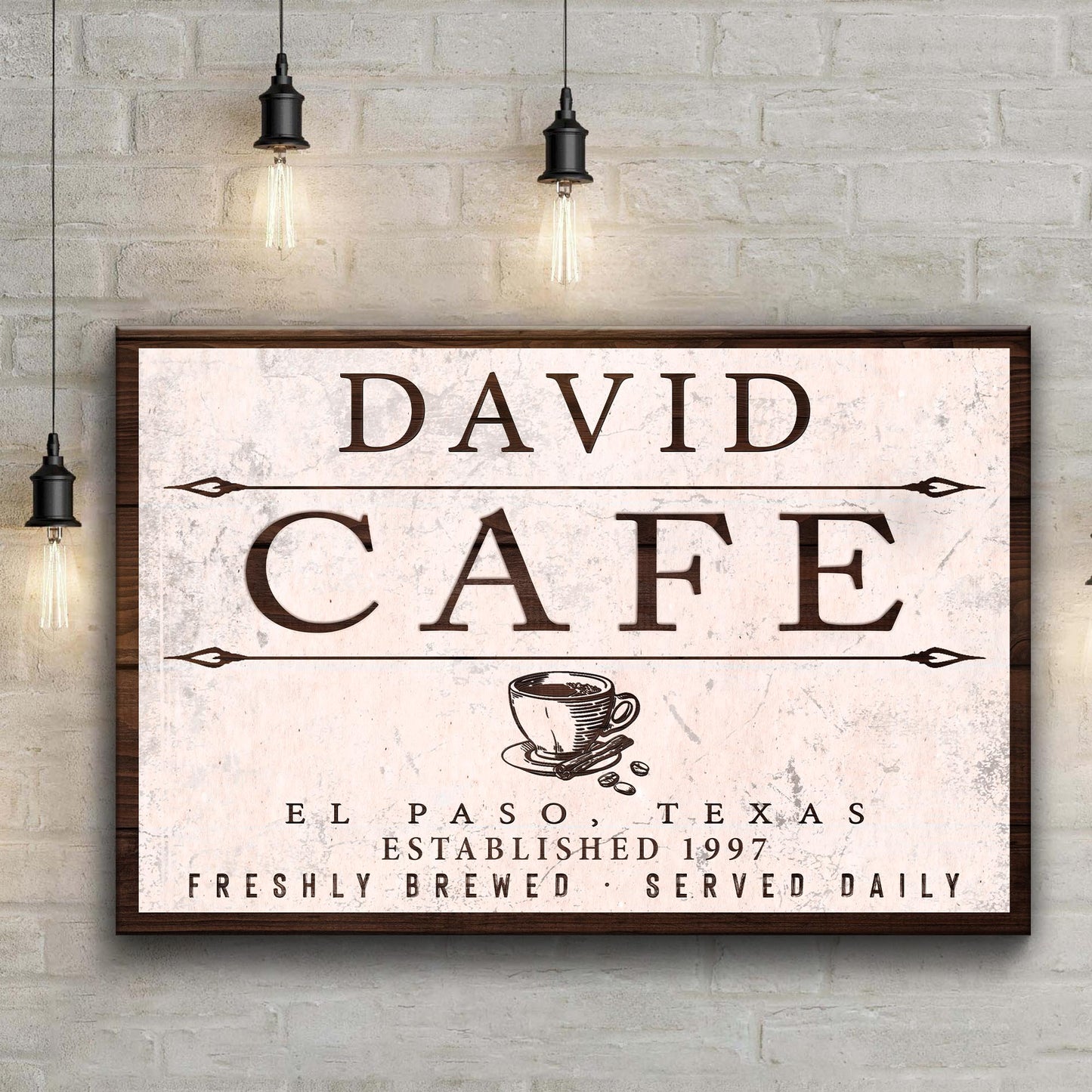 Cafe Sign II canvas with beige background and large DAVID CAFE lettering with coffee cup on Tampa Home & Garden Store