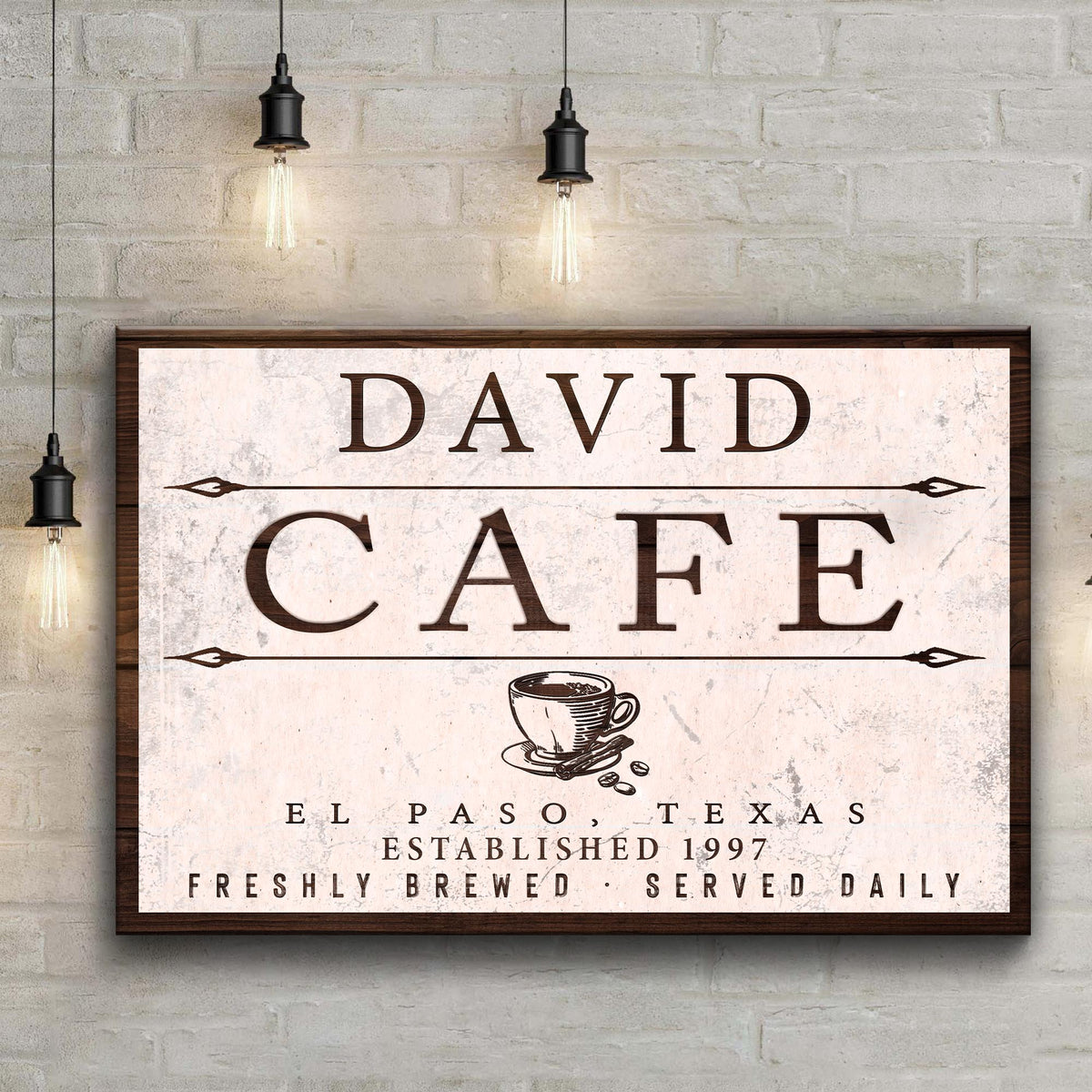Cafe Sign II canvas with beige background and large DAVID CAFE lettering with coffee cup on Tampa Home & Garden Store