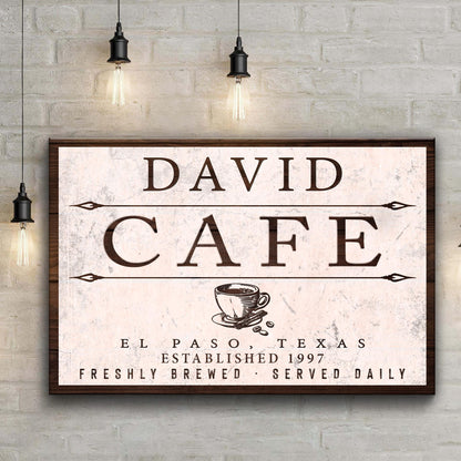 Cafe Sign II canvas with beige background and large DAVID CAFE lettering with coffee cup on Tampa Home & Garden Store