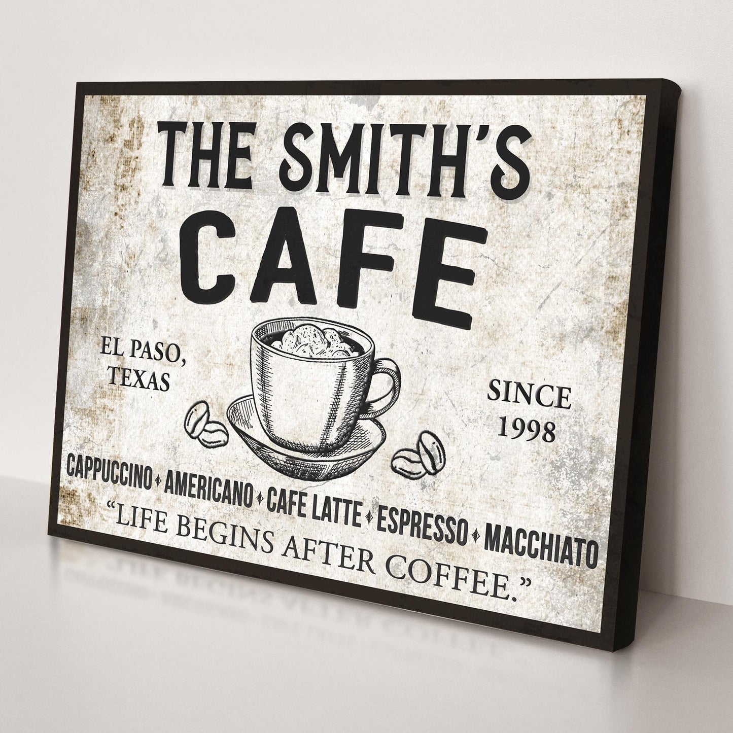 Cafe Sign IV canvas by Tailored Canvases with vintage distressed texture and coffee cup illustration on Tampa Home & Garden Store