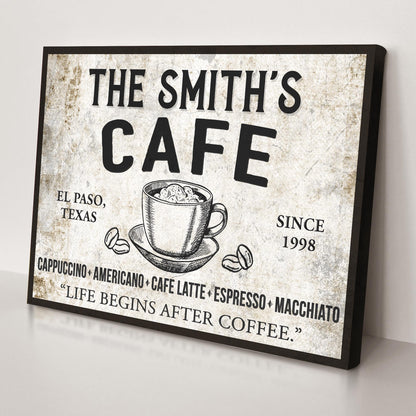 Cafe Sign IV canvas by Tailored Canvases with vintage distressed texture and coffee cup illustration on Tampa Home & Garden Store