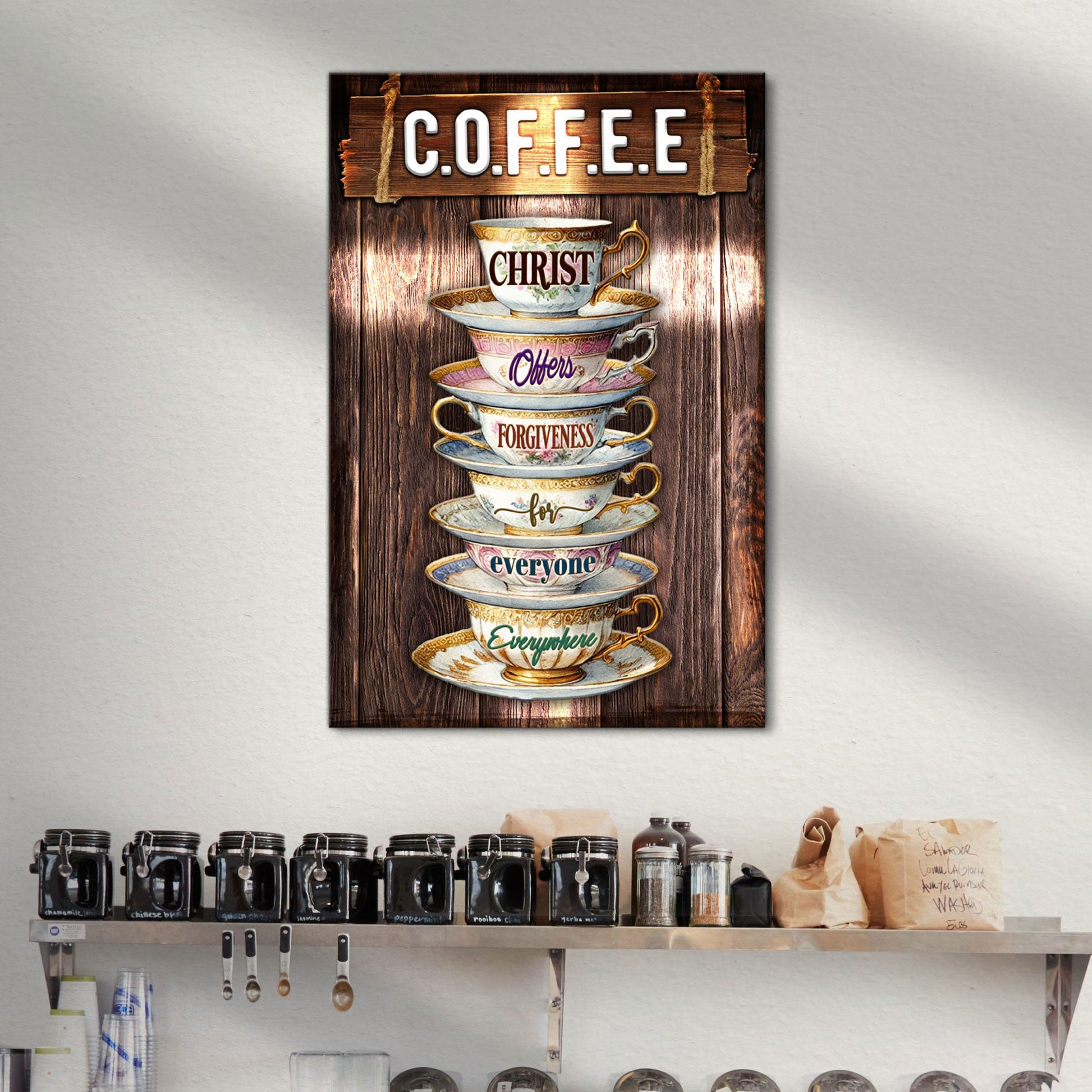 Canvas Our C.O.F.F.E.E Faith Sign VIII by Tailored Canvases with teacups on wood backdrop on Tampa Home & Garden Store
