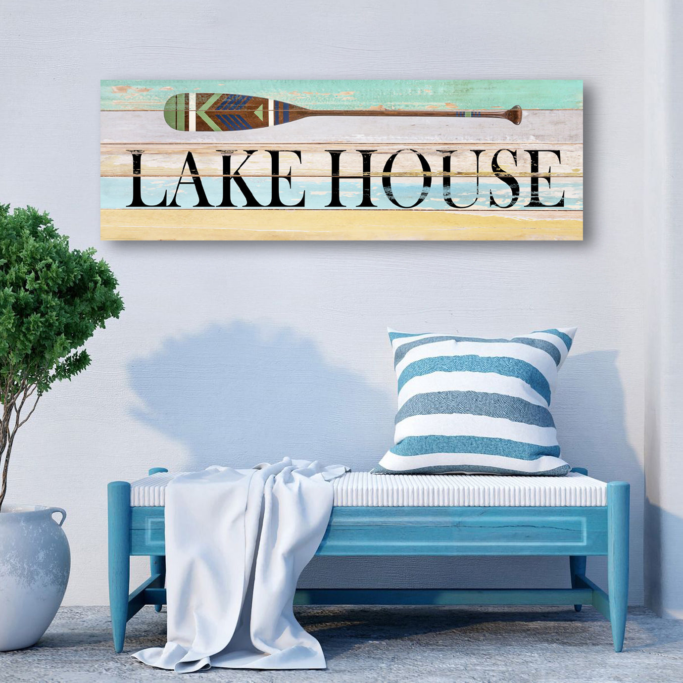 Lake House coastal sign canvas by Tailored Canvases with pastel wood planks and a paddle on Tampa Home & Garden Store