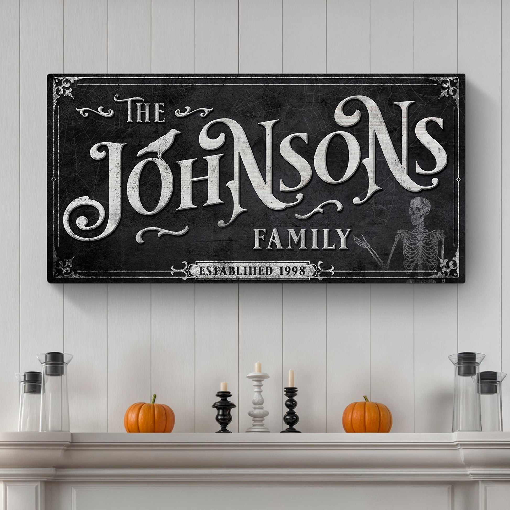 Personalized Gothic Sign canvas with ornate white family name on black distressed background on Tampa Home & Garden Store