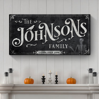Personalized Gothic Sign canvas with ornate white family name on black distressed background on Tampa Home & Garden Store
