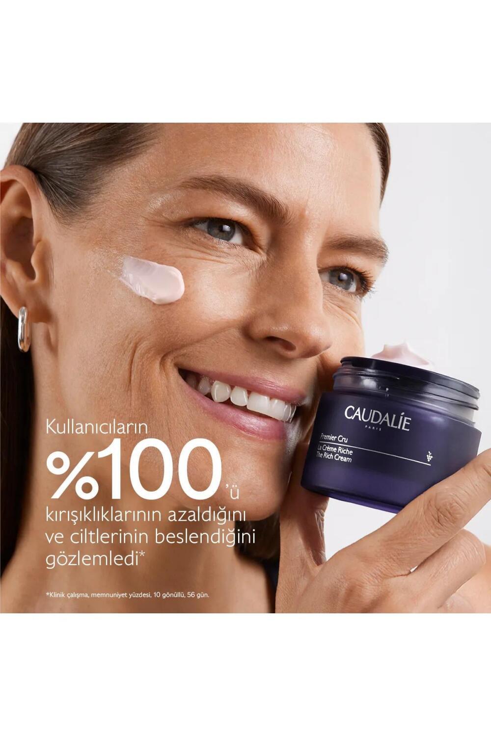 Caudalie Premier Cru Luxury Moisturizing Cream refill capsule navyjar, face cream on model cheek on Tampa Home & Garden Store